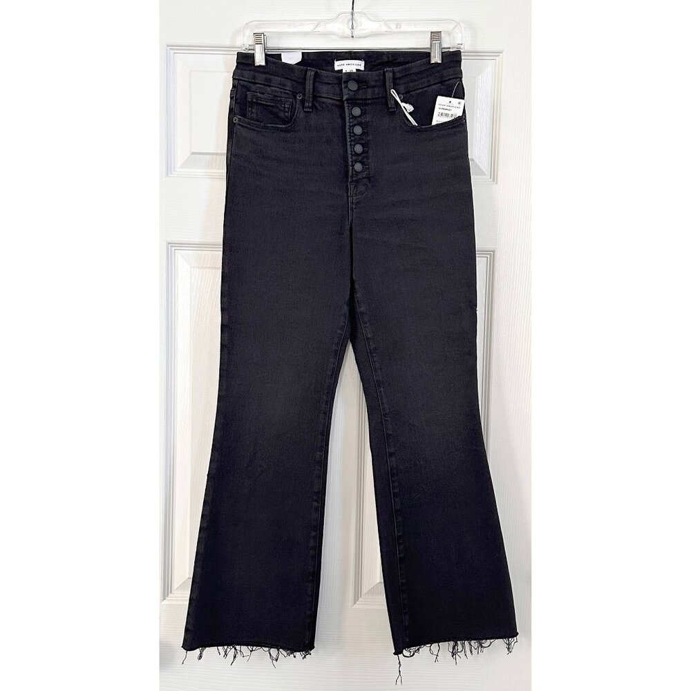 NWT Good American Good Legs Crop Mini Boot Jeans - BLACK w/ raw hem - Size 6/26
